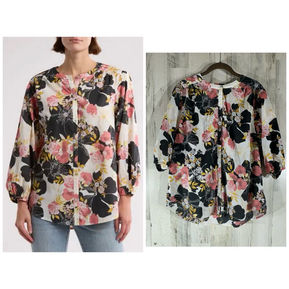 Lucky Brand Top Button Up Blouse Size Large Floral Balloon Sleeve 100% Cotton